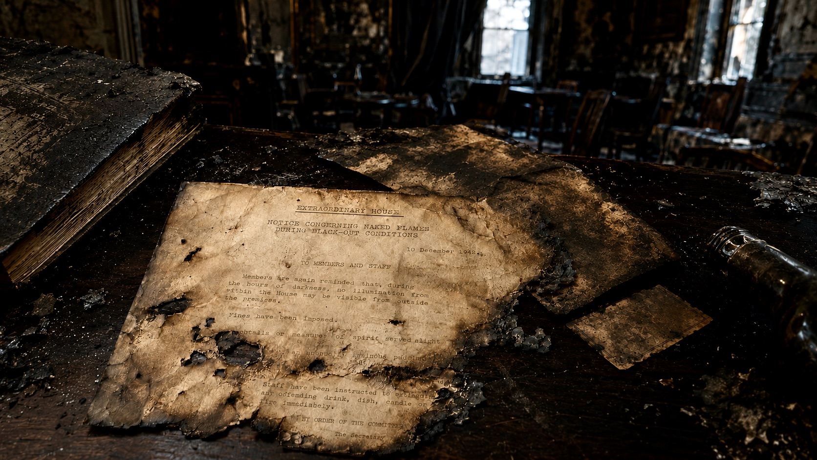 Ash-strewn dining room with ledger and bottle