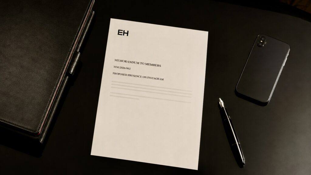 Extraordinary House memorandum MM/2026/002 beside a face-down mobile telephone, concerning the proposed House presence on Instagram.