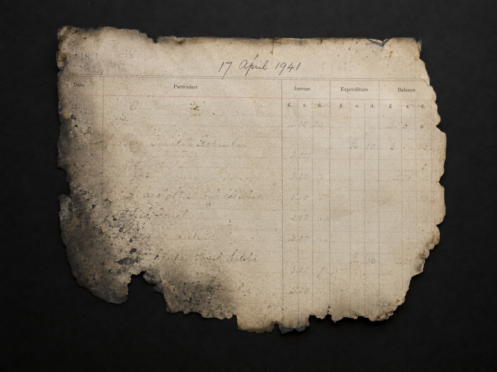 Fire-damaged Extraordinary House ledger page dated 17 April 1941