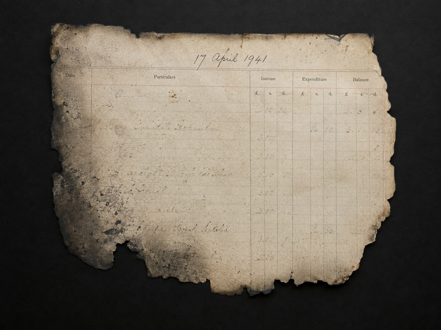 Fire-damaged Extraordinary House ledger page dated 17 April 1941