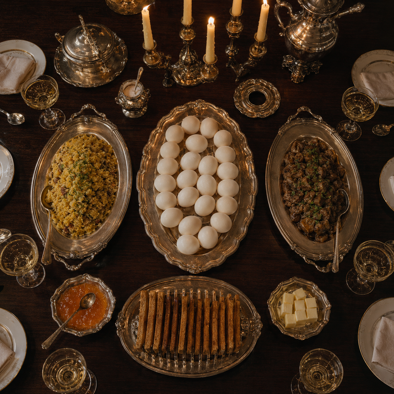 Overhead view of the midnight breakfast with kedgeree, devilled kidneys, cold toast, marmalade and twenty-four boiled eggs.