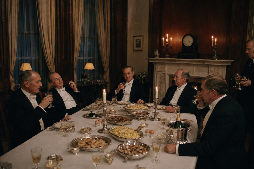 Members in evening dress gather around the Extraordinary House midnight breakfast table shortly after midnight.