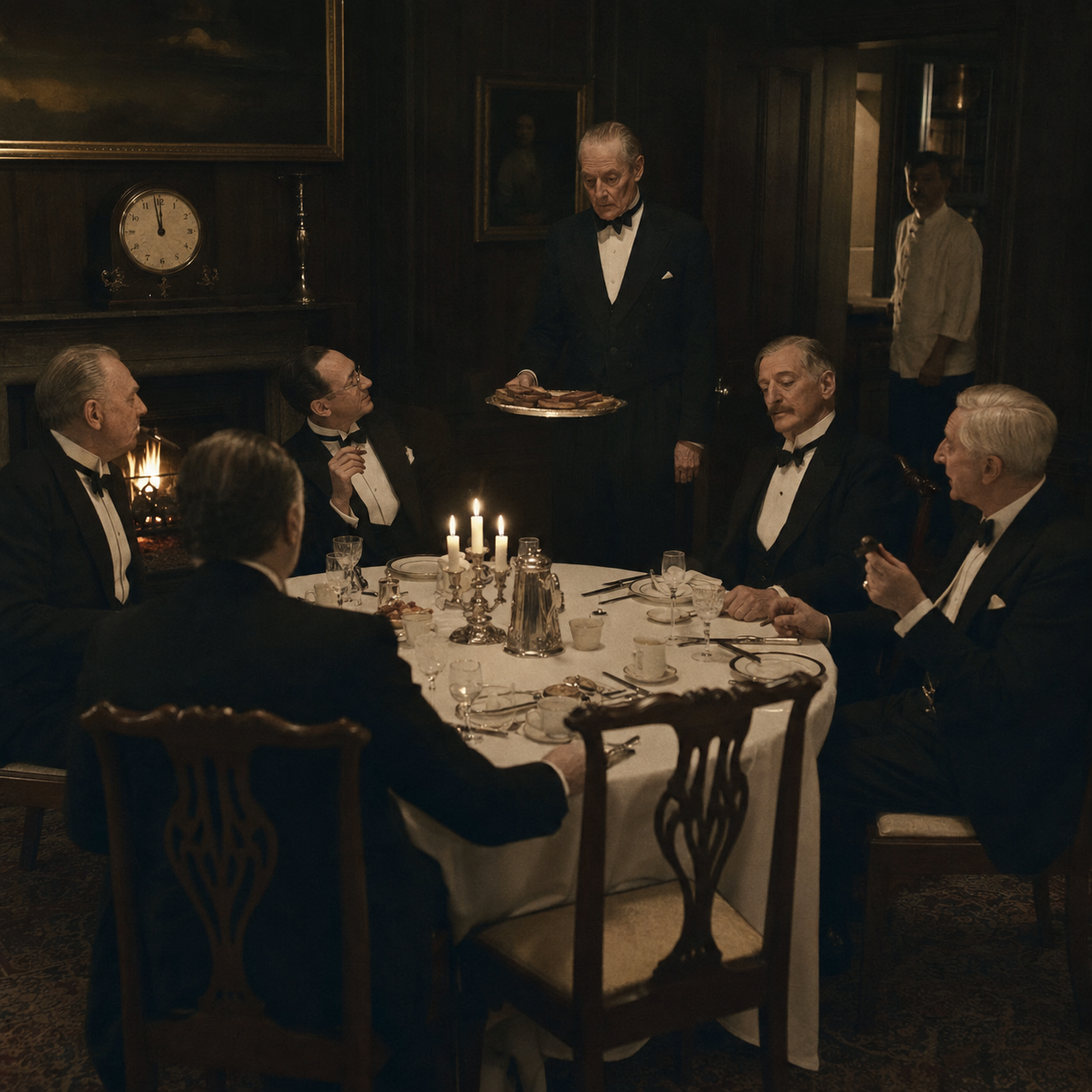 Five members in evening dress attend the Extraordinary House midnight breakfast while a waiter serves cold toast.
