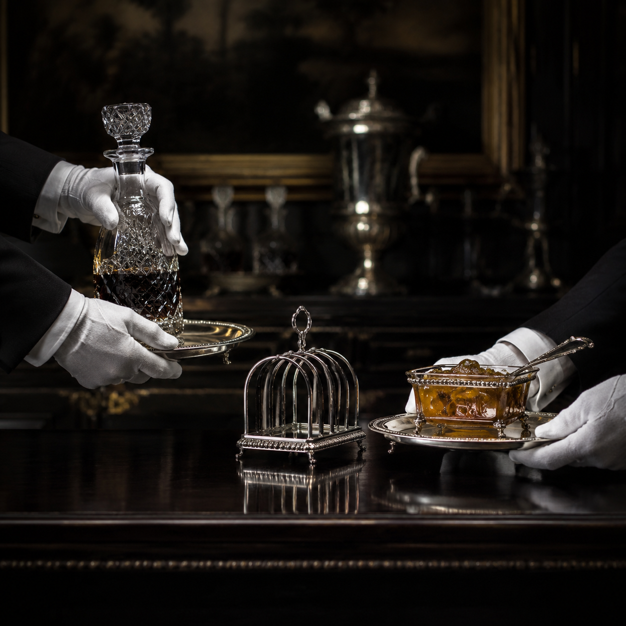 White-gloved House staff withdraw a port decanter before introducing marmalade and cold toast.