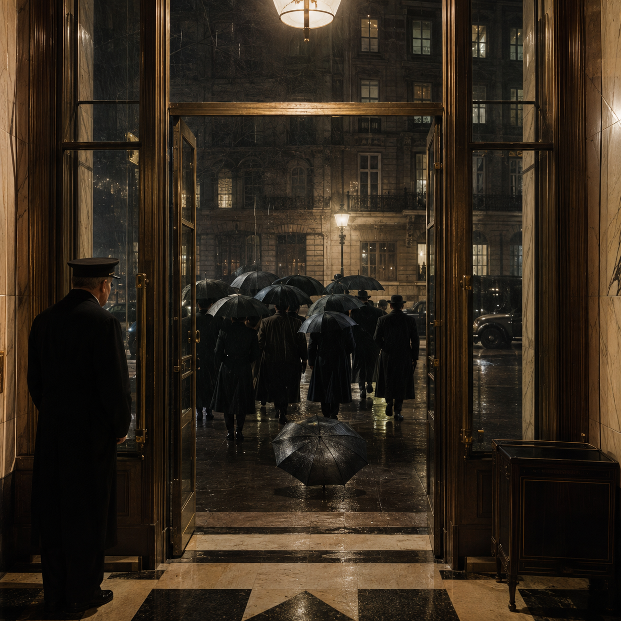 Guests leave Extraordinary House in the rain while an ownerless black umbrella remains beyond the doorway.