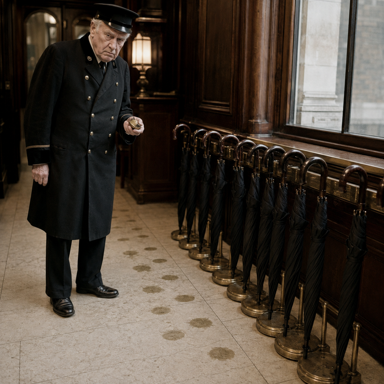 The Extraordinary House porter counts a row of black umbrellas beside unexplained damp marks.