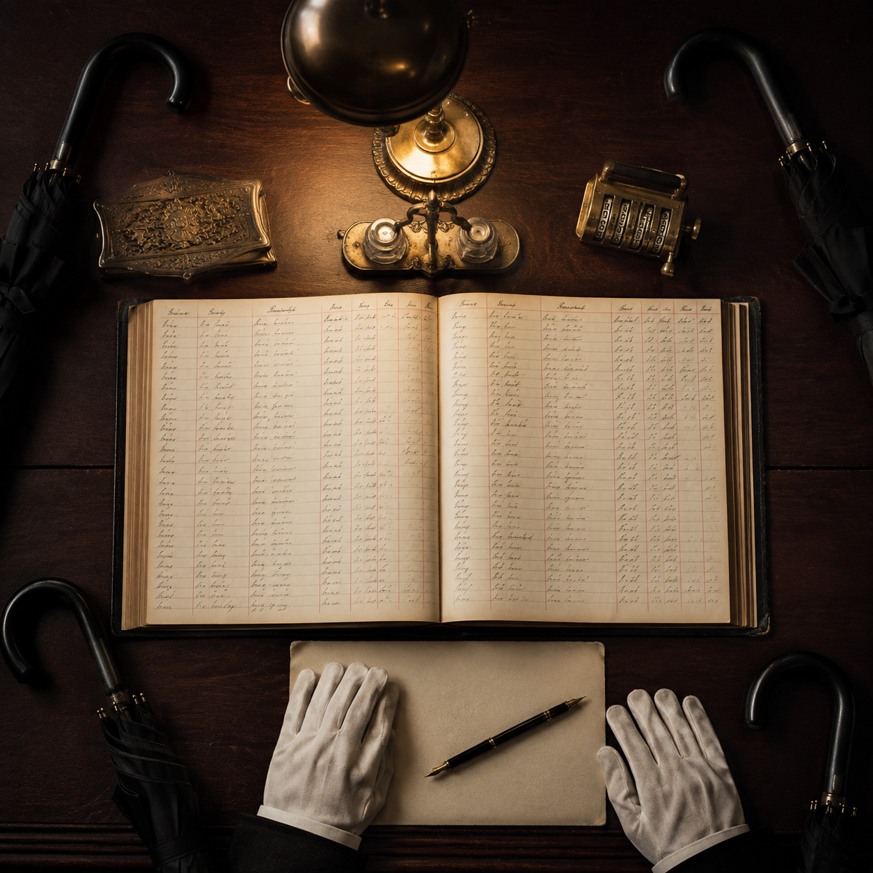 The Extraordinary House umbrella ledger surrounded by black umbrellas, white gloves and a brass counter.