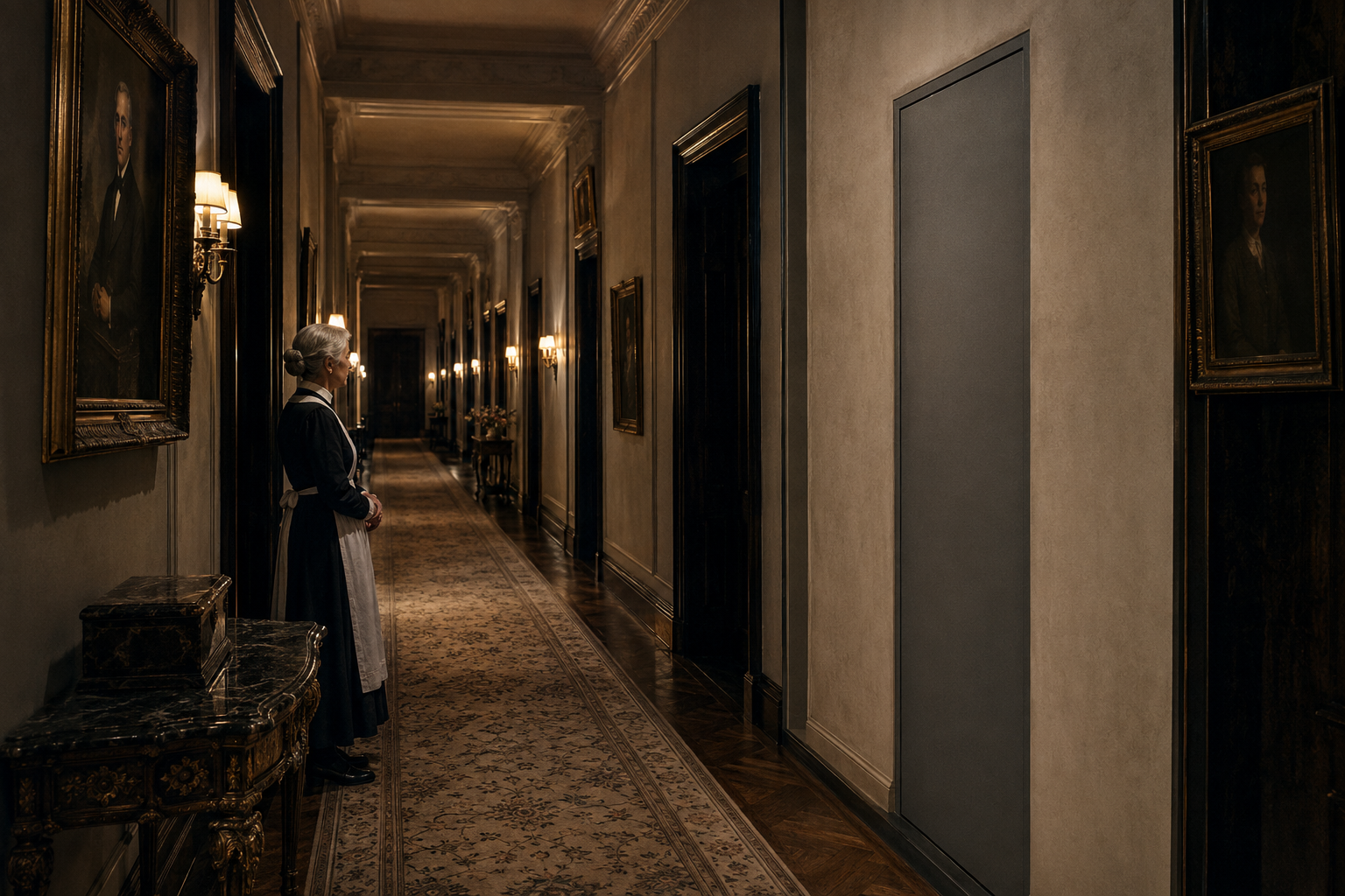 An unmarked grey door stands in the Extraordinary House corridor where no room appears on the plans.