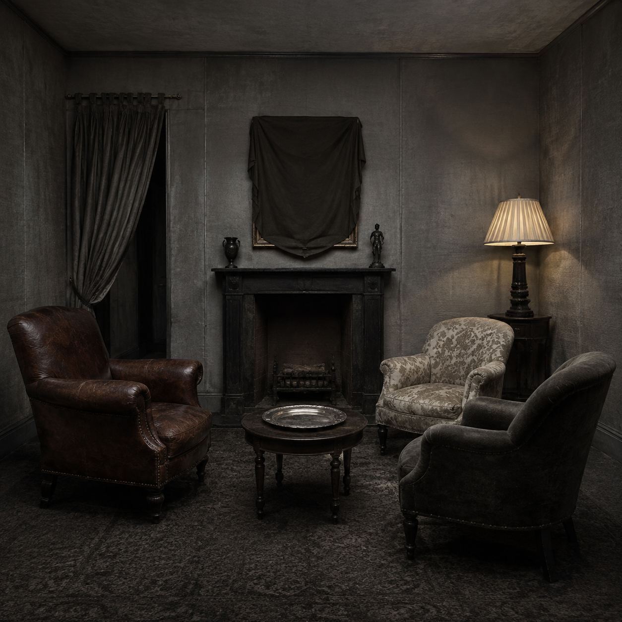 A reconstructed view of the disputed Grey Room with three mismatched chairs and no windows.