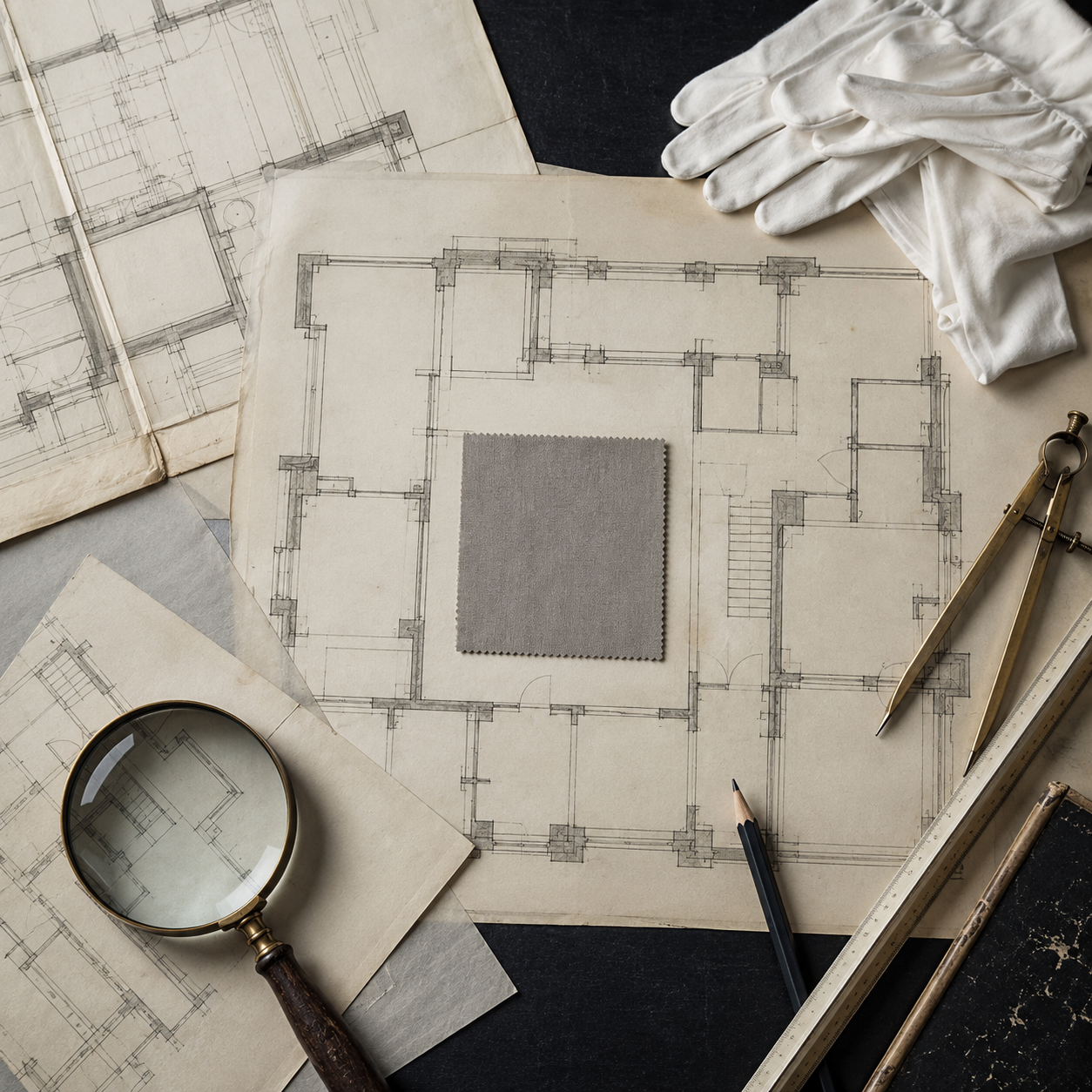 Architectural plans of Extraordinary House showing an unexplained space marked only by a grey fabric sample.