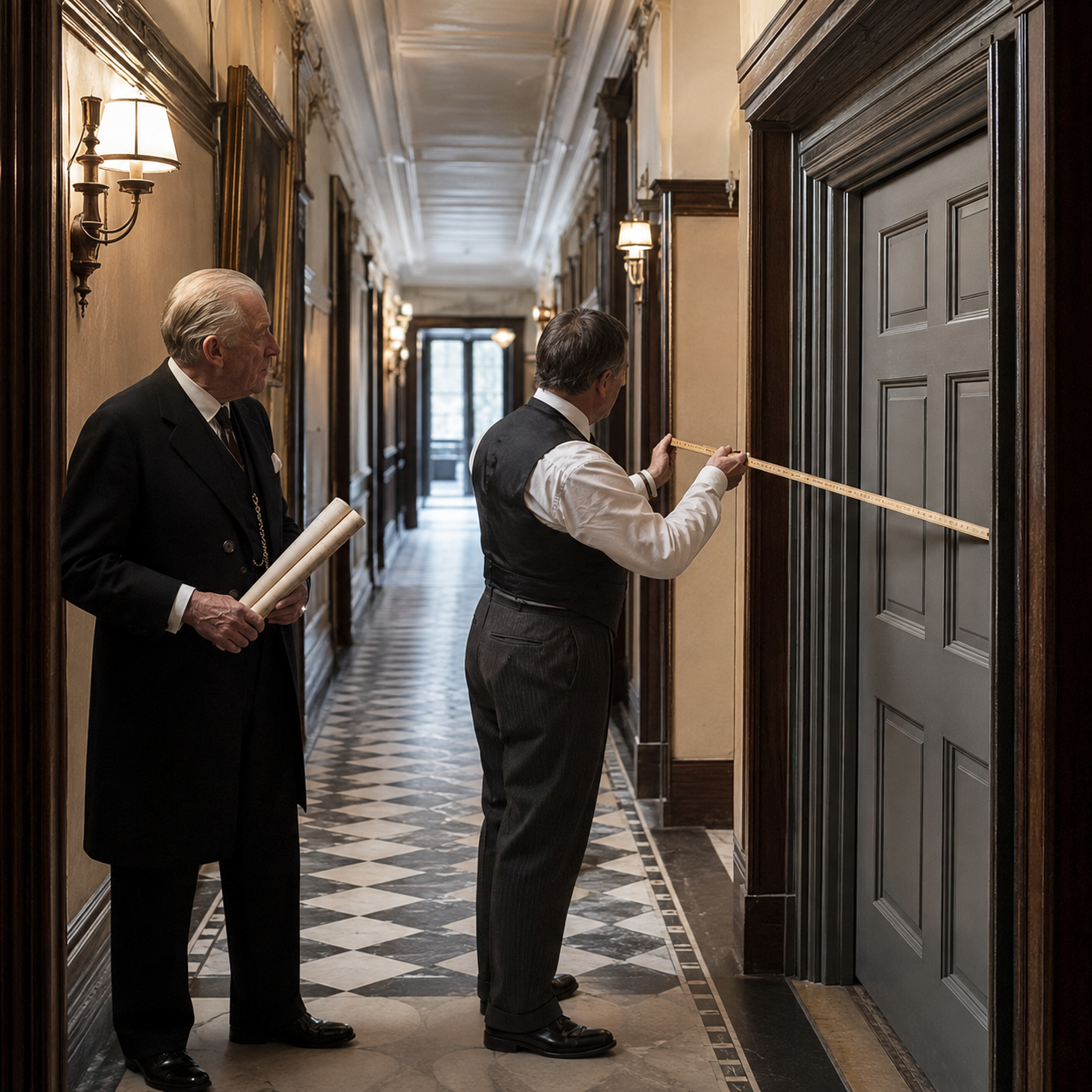 The House Surveyor measures the corridor beside the grey door while the House secretary holds the plans.