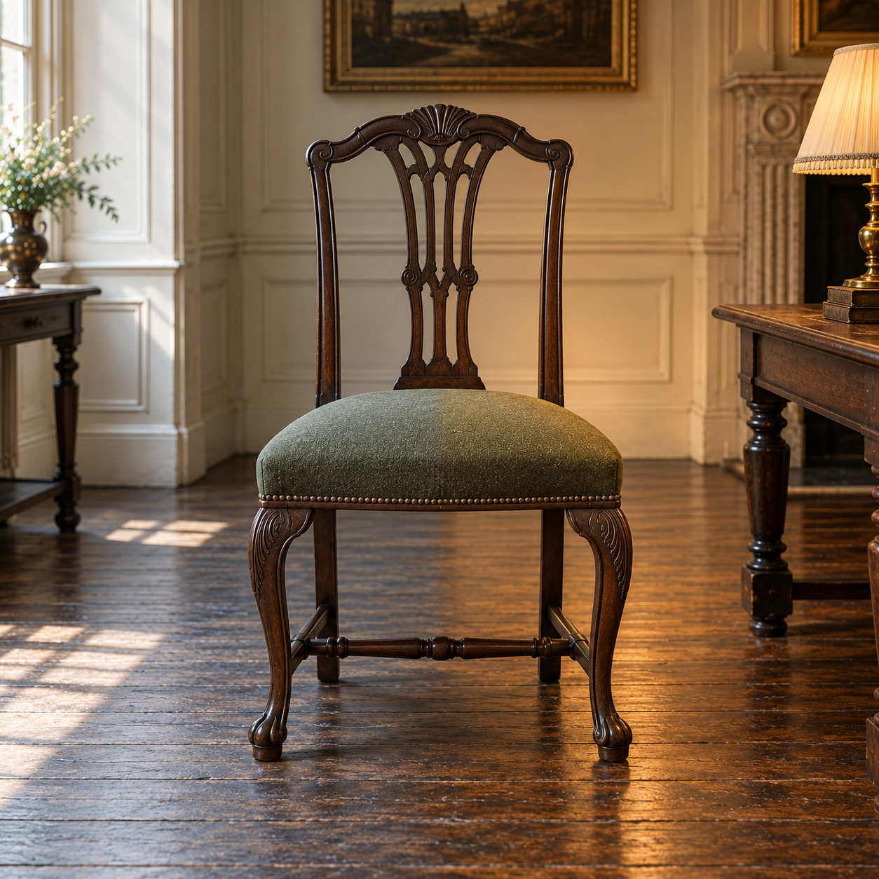 Illustrated light study of the same green chair under cool daylight and warm lamplight.
