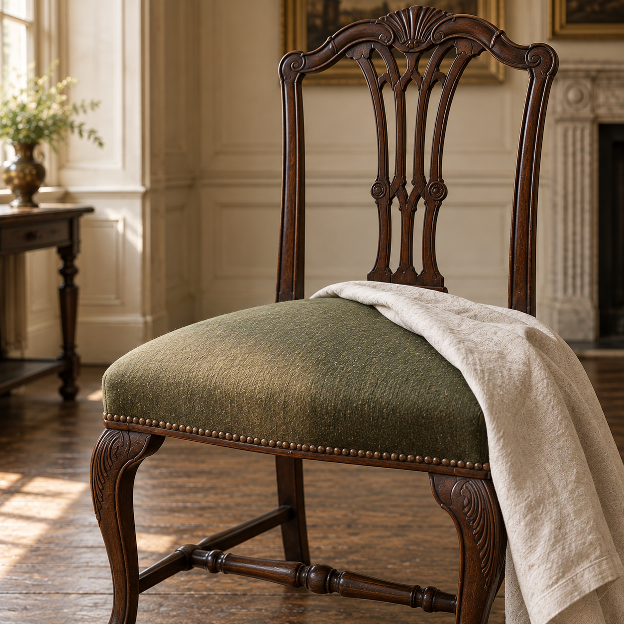 Illustrated detail of faded green upholstery and folded linen on the chair retained for comparison.