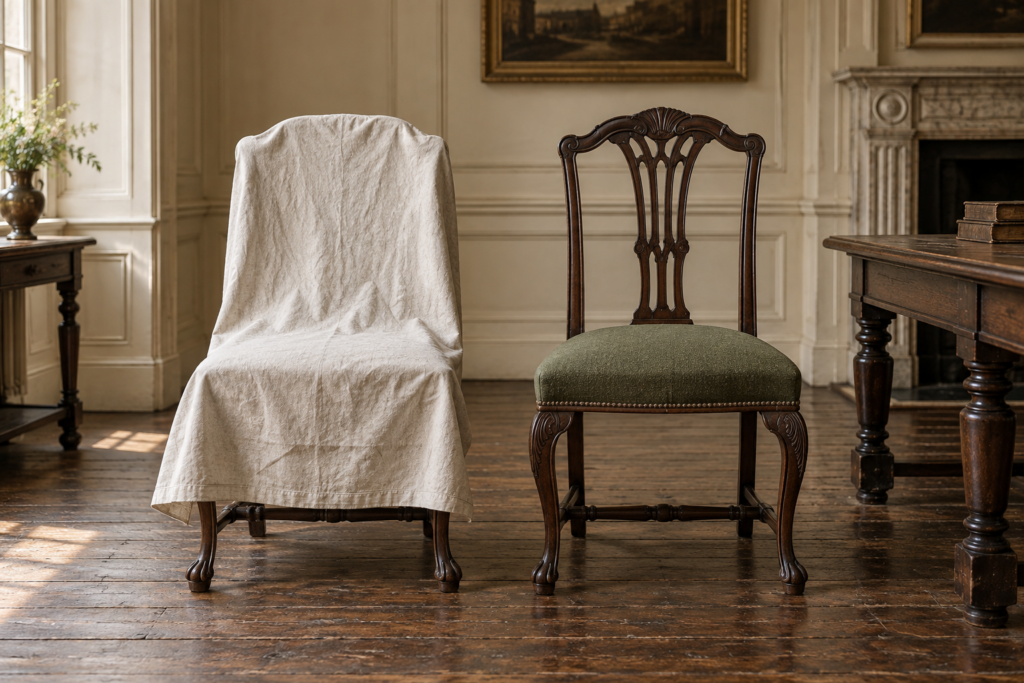 Illustrated reconstruction of a linen-covered comparison chair beside a newly upholstered green chair.