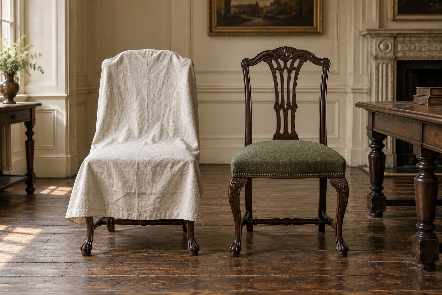 Illustrated reconstruction of a linen-covered comparison chair beside a newly upholstered green chair.