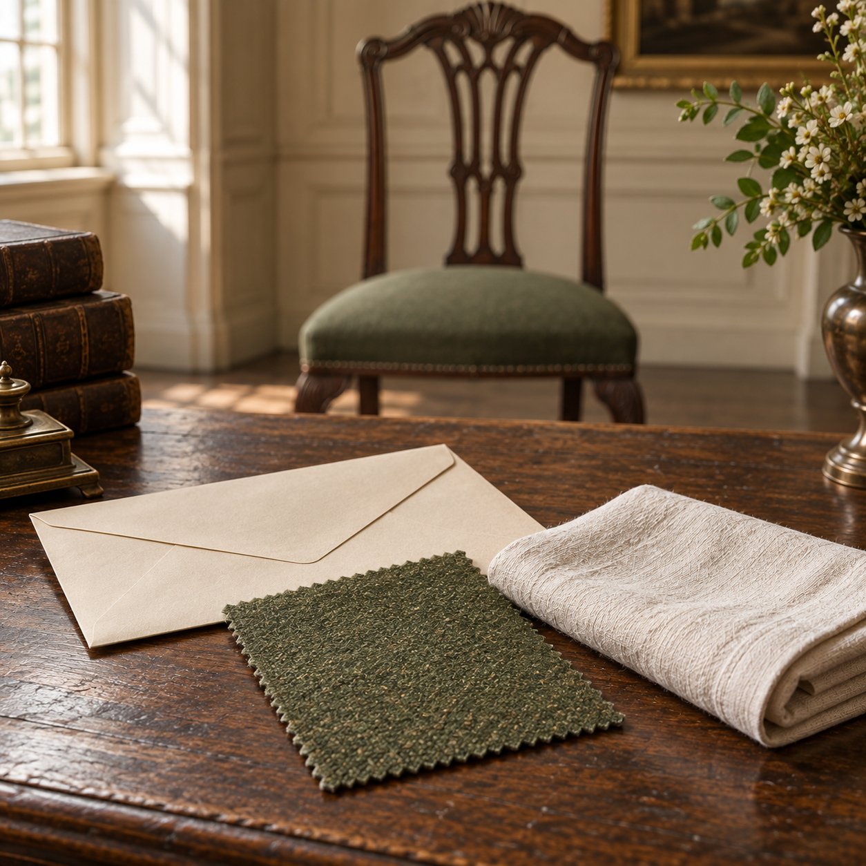 Illustrated reconstruction of a green cloth sample, folded linen and an unmarked archive envelope.
